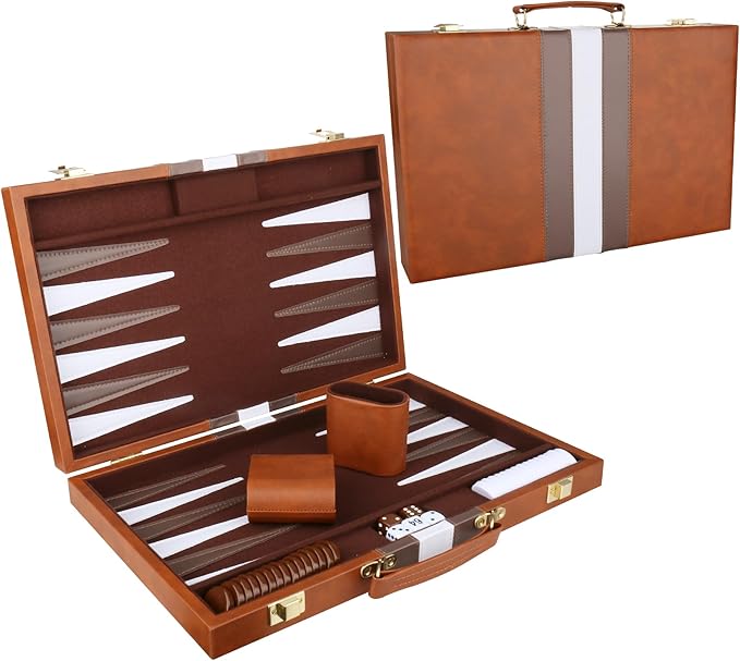 Backgammon Set - Classic Board Game with Premium Leather Case - Portable Travel Strategy Backgammon Game Set for Adults, Kids (18inch, Brown)