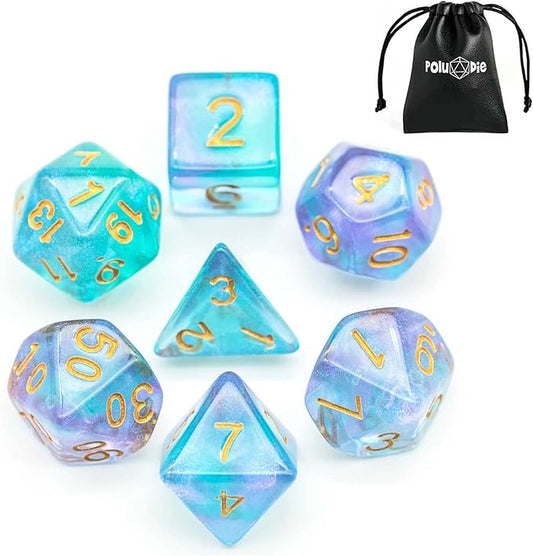 7-Die DND Dice Set Polyhedral Dice Set with a Leather Dice Bag, D&D Dice Set for Dungeons and Dragons, RPG, MTG Table Games (Purple Cyan/Glitter)