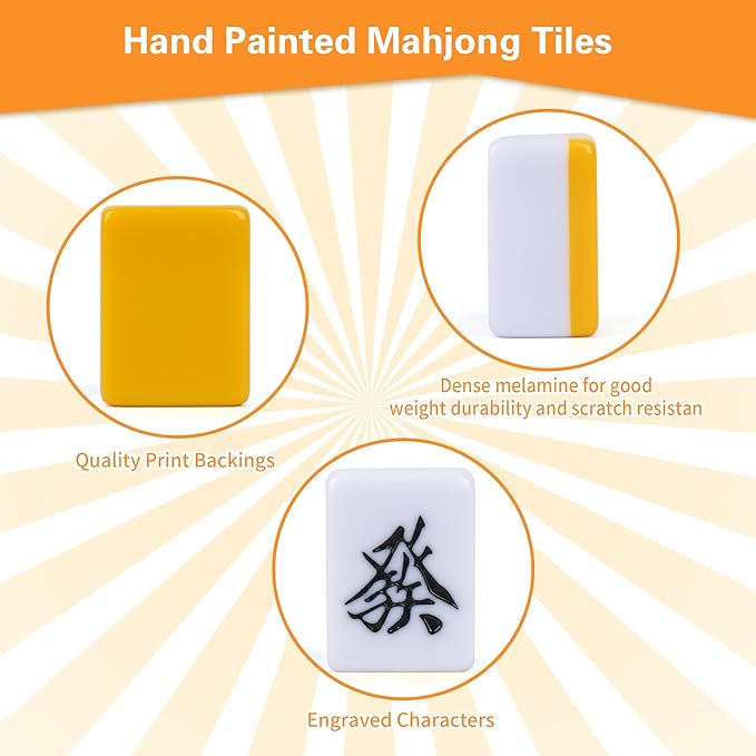 Japanese Riichi Mahjong Set, White and Yellow Tiles - with Red Box, East Wind Tile, Set of Scoring Sticks, Dices, and Mahjong mat.