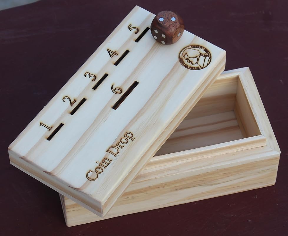 T one woods coin drop game for kids/adult with dice and wooden box | penny game for family fun coin drop | coin drop game for family and friends (Design-1)