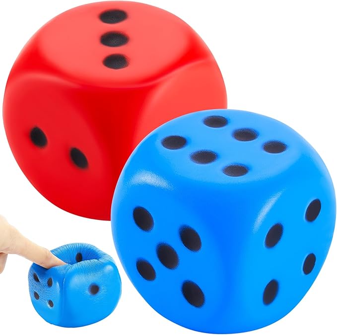 Zomiboo 2 Pcs Large Foam Dice Stress Balls Soft Jumbo 6 Sided Giant Dice Educational Learning Squeeze Anxiety Relieve Toy Gifts for Adults Kids Board Game Classroom(Red, Blue,3.93 Inch)
