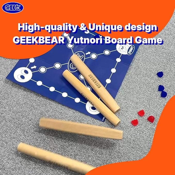 GEEKBEAR YUTNORI Board Game - Korean Board Game YUNNORI- Traditional Korean Folk Game with Yuts - Traditional Korean Family Game with Woodsticks - Korea YUT Nori Game
