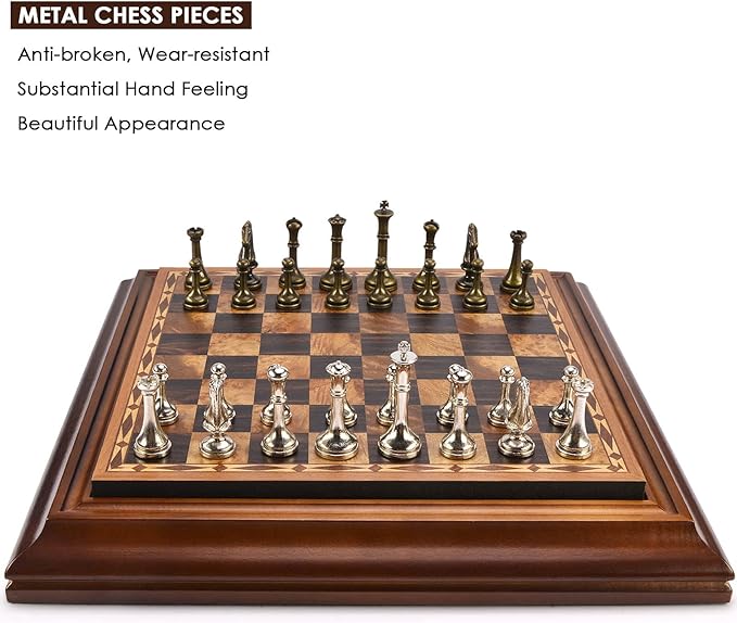 AMEROUS 14 inches Wooden Chess Set with Metal Chess Pieces / 2.5'' King/Storage for Chessmen/Gift Package/Instructions/Classic Board Game