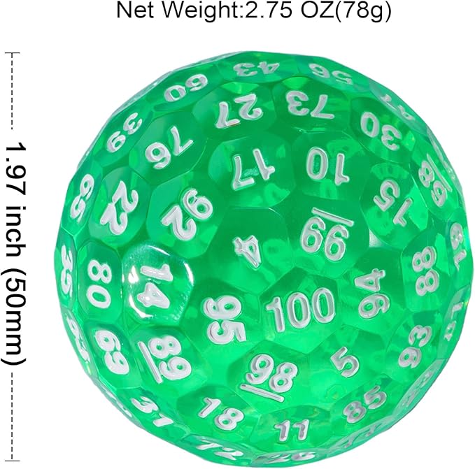 Upgraded D100 Dice, Single 100 Sided Polyhedral Dice D100 Die 50mm, D&D Dice D100 Game Dice, 100 Sided Cube with DND Dice Bag(T Green/White Font)
