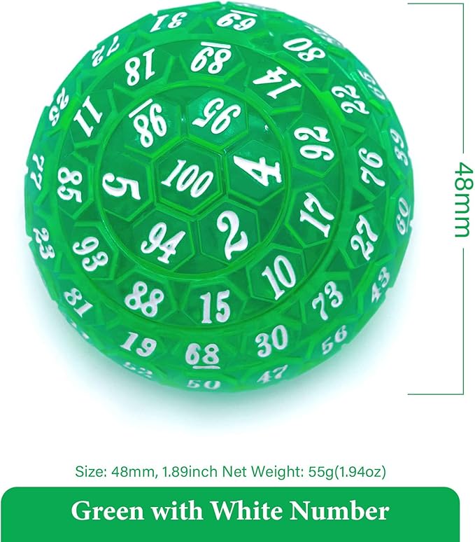 100 Sided Polyhedral Dice, Single D100 Game Dice, 100 Sided Cube with Black Pouch, D100 die 48 mm (Green with White Number)
