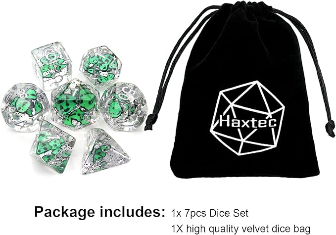 Haxtec Green DND Dice Set 7PCS Filled Resin Polyhedral Halloween D&D Dice with Ghost Inclusions Role Playing Dice for Dungeons and Dragons TTRPG