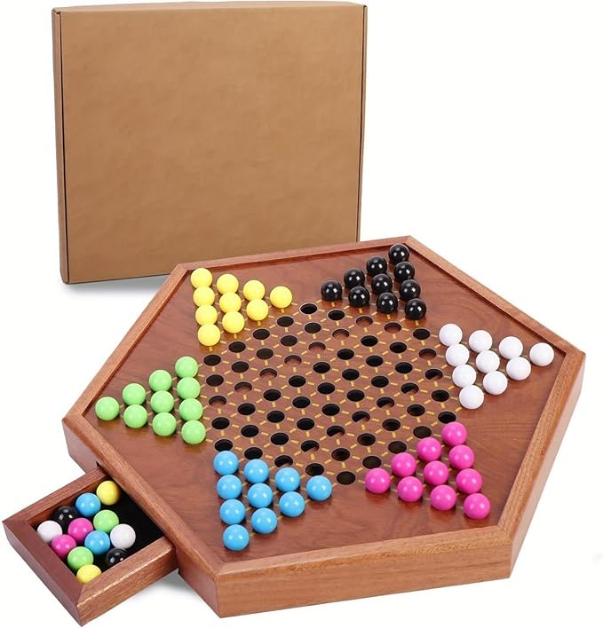 Chinese Checkers Board Game – 13.7" Large Wooden Set with 60 Colorful Acrylic Marbles + 30 Spares – Classic Family Strategy Game for Adults