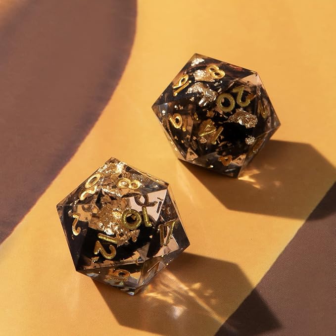 YEMEKO Single D20 Dice - 22mm, 20 Sided D&D Dice for Dungeons and Dragons, DND Dice with Resin Sharp Edge, Handmade Polyhedral for RPG, Roleplaying Games MTG Table Games(Black Gold)