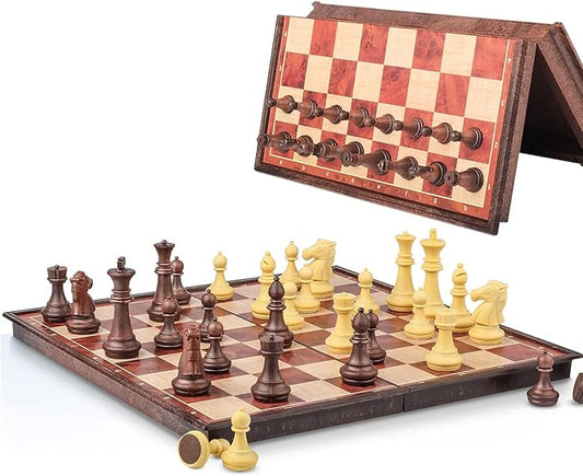 7.87 Inch Mini Magnetic Travel Chess Set, Walnut-Style - Small Portable Pocket Folding Chess Board Games, Ideal for Travel and Gifts