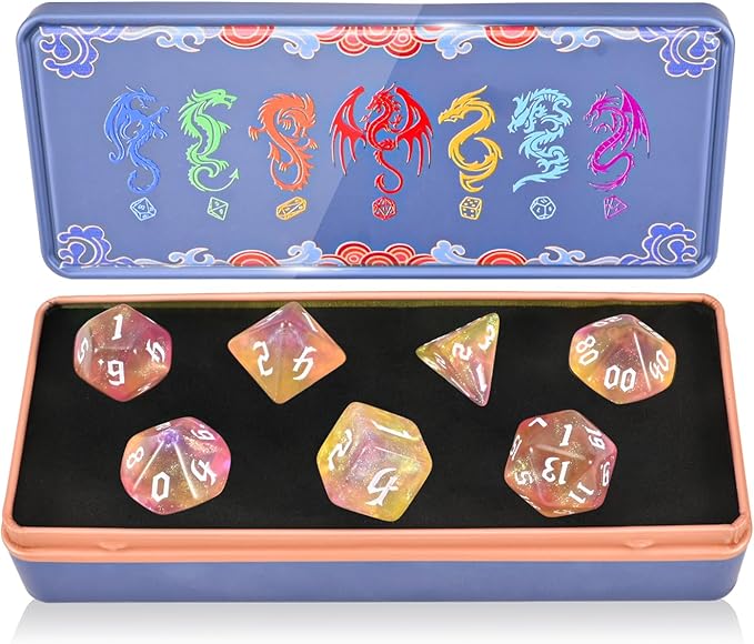 DND Dice Set with Dragon Totem Metal Gife Case, Dungeons and Dragons Dice Set,Polyhedral Dice Set Filled with Shiny Glitters,Role Playing Games and Tabletop Games (Yellow)