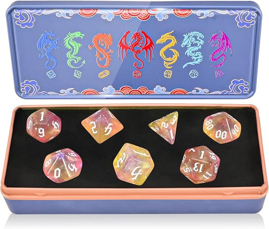 DND Dice Set with Dragon Totem Metal Gife Case, Dungeons and Dragons Dice Set,Polyhedral Dice Set Filled with Shiny Glitters,Role Playing Games and Tabletop Games (Yellow)