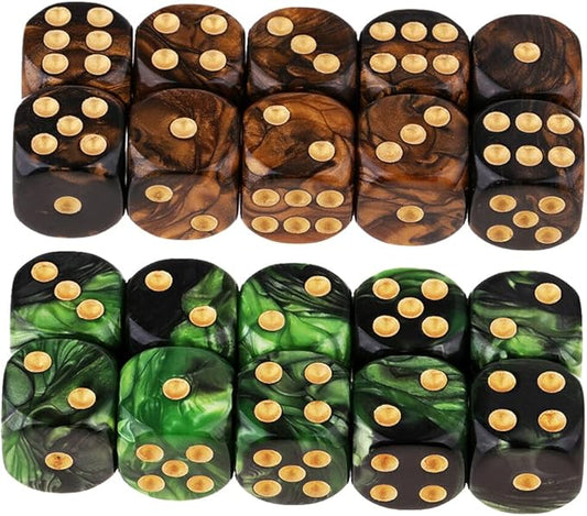 20PCS Polyhedral Dice D6 Dice 16mm Acrylic 6 Sided Dice Game Dice for RPG MTG DND Dice Table Games (Green Black and Black Gold)