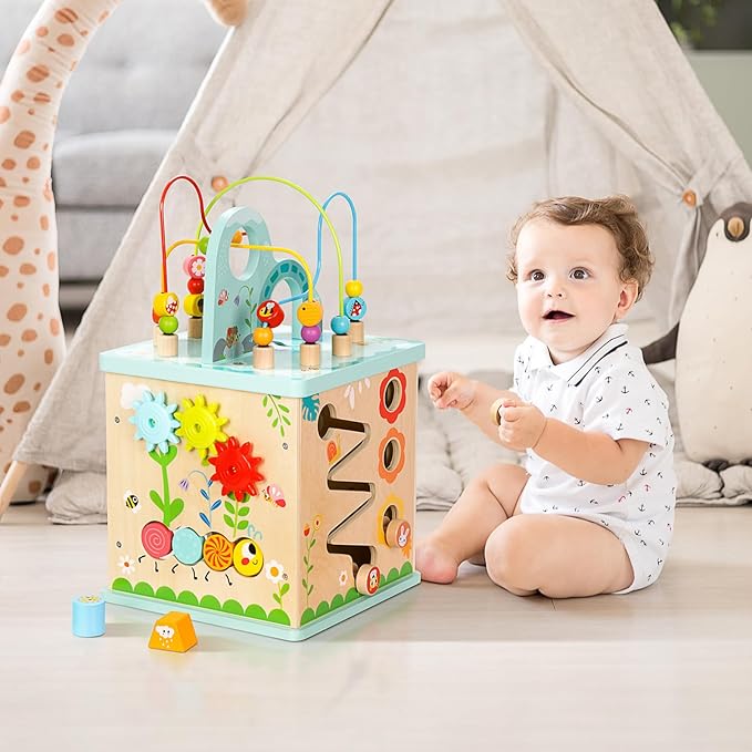 All-in-one Activity Center, 5 in 1 Baby Activity Table with Gear Game, Kids Sensory Table Play Cube with Montessori Calendar, Bead Maze, Shape Sorter, Ball Drop and More