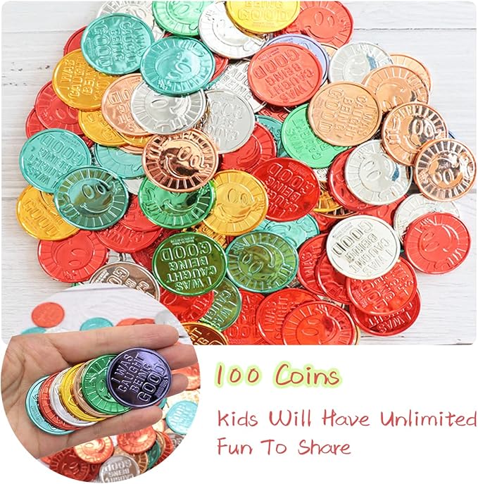 100 Pieces Smile Face Glod Coins, Colorful Plastic Reward Coins, for School Teacher Rewards and Behavior Incentives. Inscription Reading “I was Caught Being Good” on One Side