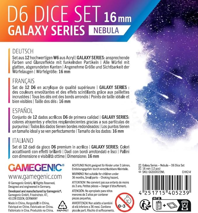 Galaxy Series Nebula D6 Dice Set | Set of 12 Six-Sided Dice | Premium Quality Resin Dice for Dice Games, Board Games and Card Games | Cosmic Glittering Design | Blue and Purple | Made by Gamegenic