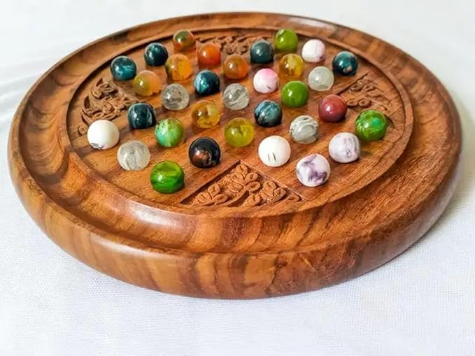 Acacia Wood Solitaire Handmade Board Game | with Multi Color Marble Balls Vintage Indian Design Game for Senior Adult Play Table Home Decor Wooden Game