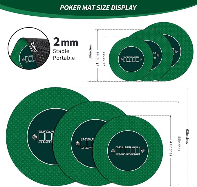 nuveti 24/31/47/55/63inch Round Poker Mat for Texas Holdem | Portable Poker Table Top with Art Deco Layout Print 6-8 Player Game Layout Mat to Play Cards, Poker Games, Blackjack, Casino