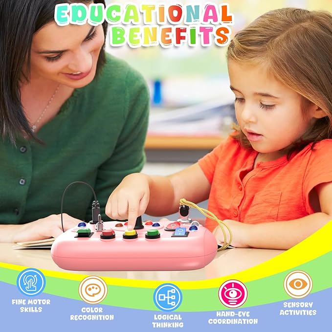 Toddler Busy Board with Led Light Switch, Travel Sensory Board Montessori Toddlers Fat Brain Toys 1-2 Year Old, Baby Educational Activities Travel Essential Toys Ideal Christmas & Birthday Gift (Pink)
