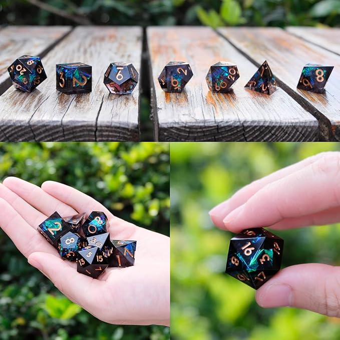 DND Dice Set Resin Sharp Edge Dice Set Handmade 7pcs Polyhedral Dice Set DND RPG MTG Role Playing Game Dice Set D&D Dice with Gift Case for DND Dungeons and Dragon (Light-Black)