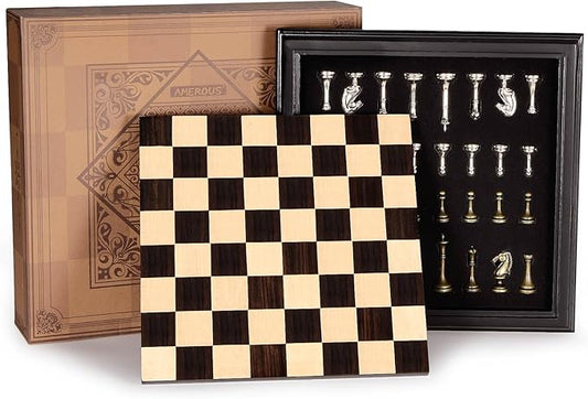 AMEROUS 12.5 inches Wooden Chess Set with Metal Chess Pieces，Classic Board Game w/ 2.5'' King/Storage for Chessmen/Instructions, Chess Sets for Adults, Kids, Beginner