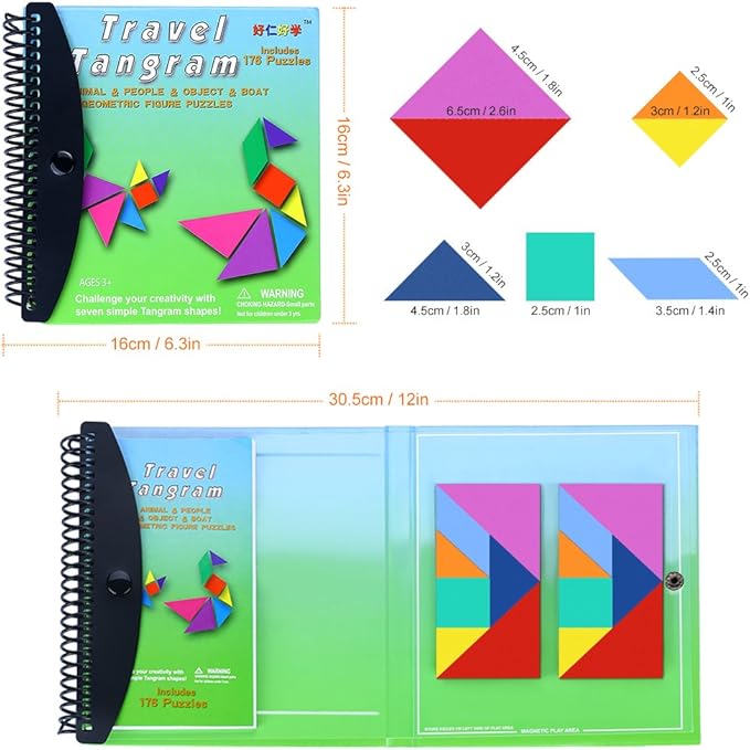 Travel Tangram Puzzle - Magnetic Pattern Block Book Road Trip Game Jigsaw Shapes for Kids Adult Challenge IQ Educational Toy Gift Brain Teasers-2 Set of Tangrams