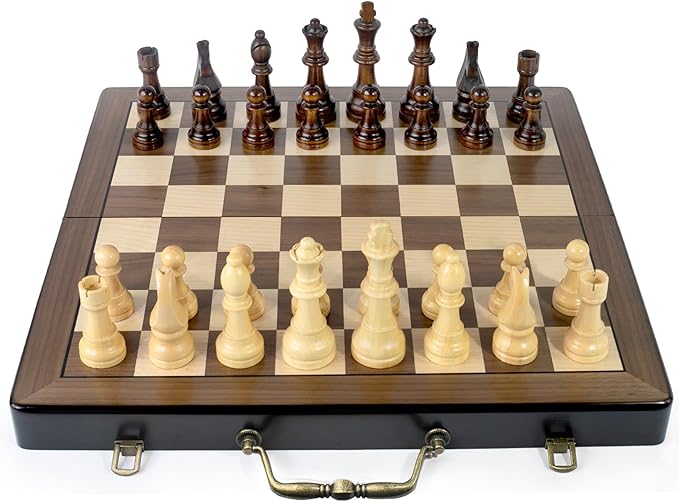 18.5 Inch Wooden Chess Set with Handle,Chess Sets for Adults Kids Portable Folding Board Games with 4.5" King and 2 Extra Queens Handmade Large Pieces with Storage Slots