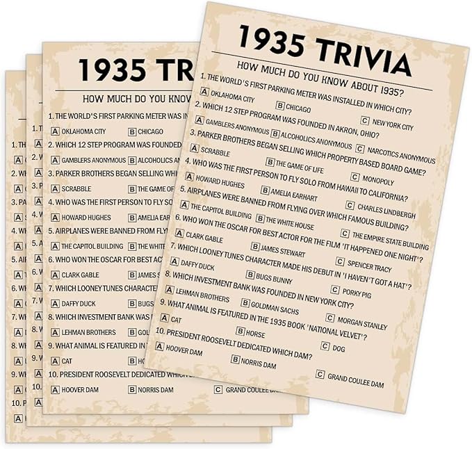 QUPT 90th Birthday Party Games, 1935 Trivia Games, Birthday Party Supplies for Adults, Fun 1935s Party Game，Pack of 30 Cards