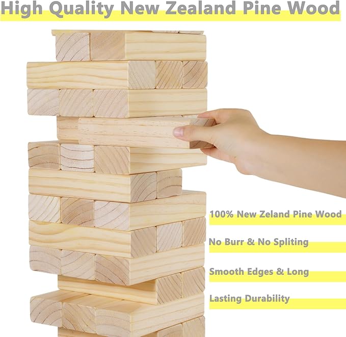 GOROCK Large Size Tumble Tower 60 PCS Wooden Block Stacking Games Stacks Over 5FT Classic Indoor Outdoor Lawn Family Party Games for All Ages (7.15"X2.38"X1.43")