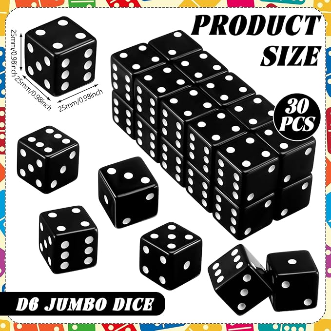 Poen 30 Pcs Standard Dice 25 mm Casino Theme Party Dice Large Opaque Jumbo Acrylic D6 Bulk Sifter for Casino Theme Party Board Vegas Birthday Supply(Black)
