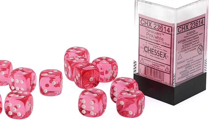 Chessex Polyhedral Translucent 12-Die Set, 16mm 6D Pink/White Dice for Dungeons and Dragons (DND), Role Playing Games, MTG, Pathfinder, Table Game, Board Games