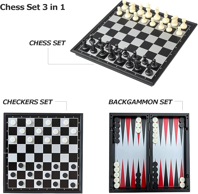 Travel Chess Set 3 in 1-10 Inch Chess Checkers Backgammon Set Magnetic - Travel Board Games Portable Travel Games