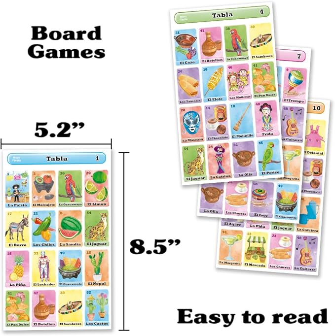 Loteria Fiesta Mexican Bingo Game Set in Spanish for 10 Players - 10 Playing Boards and Full Deck of Calling Cards
