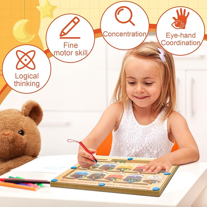 Magnetic Color and Number Maze Wooden Sorting Board - Montessori Puzzle Toy for Kids 3+ Years Old to Learn Colors and Counting