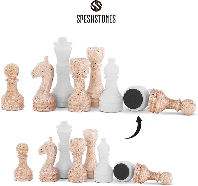 Marble Chess Set 15'' Inches Travertine and White Chess Board Games for Adults, Chess Pieces and Checkers Family Games, Travel Chess Set with 2 Extra Queens and Storage Box