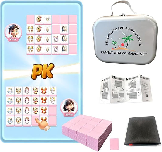 40mm Big Seaside Escape Game Blocks Mahjong Sets with 49 Pink Big Tiles 12 Constellation Pattern with Iron Tin Box.