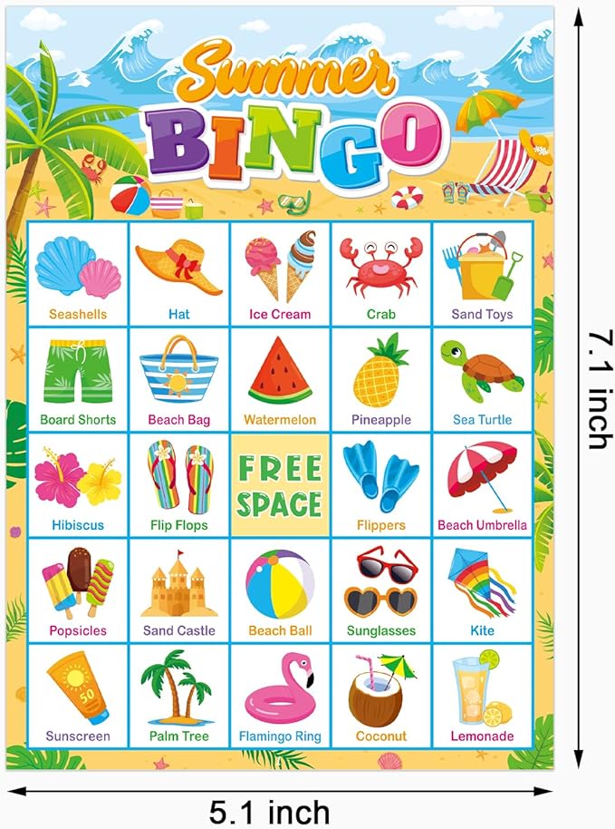 24 Players Summer Bingo Game Cards for Kids Summer Party Games for Hawaiian Tropical Beach Luau Party Favors School Party Games