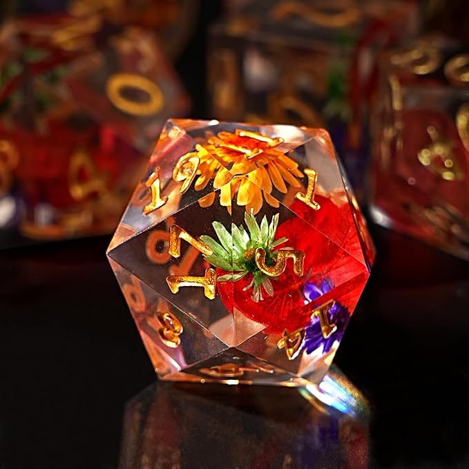 Resin DND Dice Set, Sharp Edge Flower Floral D&D 7-Die for Dungeons and Dragons, Resin Dice D and D, 7PCS Die for RPG Role Playing Games D&D Starter Kit