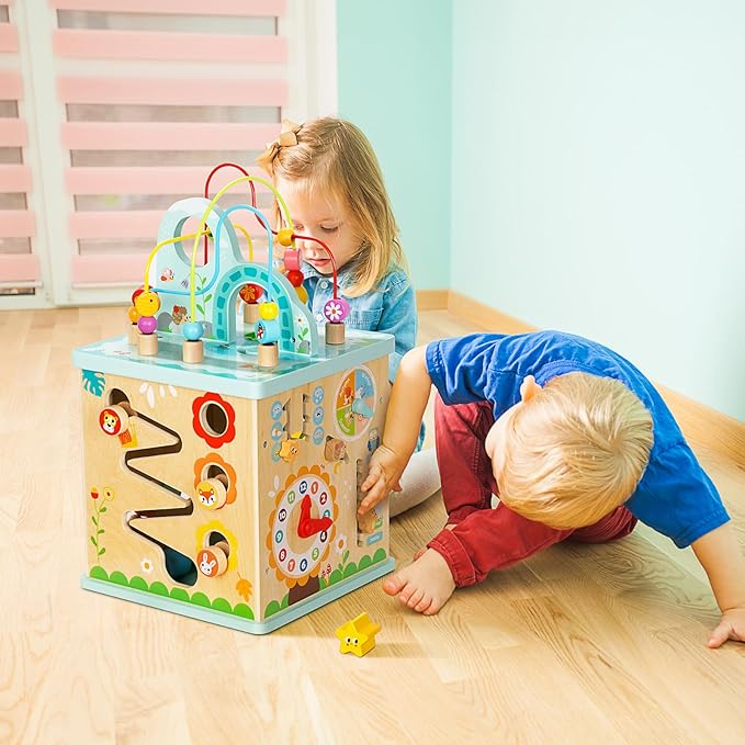 All-in-one Activity Center, 5 in 1 Baby Activity Table with Gear Game, Kids Sensory Table Play Cube with Montessori Calendar, Bead Maze, Shape Sorter, Ball Drop and More