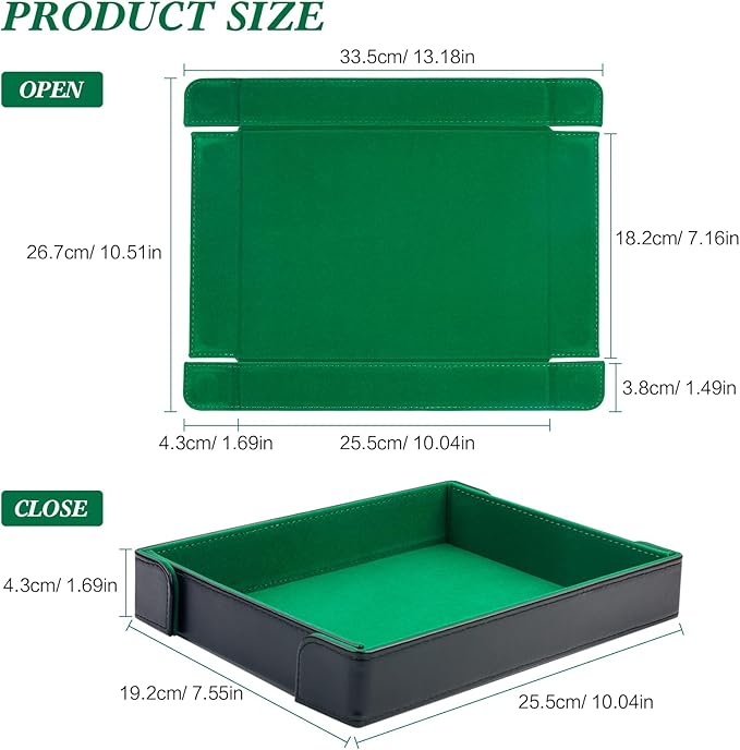 PU Leather Dice Tray Magnetic Folding Dice Rolling Mat with Green Felt Lining for Dice Games Portable Tabletop Board Games Tray