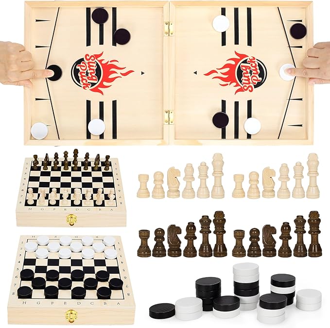 4 in 1 Fast Foldable Slingshot Puck Game with Chess Board and Checkers Board, Tic Tac Toe, Wooden Air Hockey for Family Night, Table Games for Adults and Kids