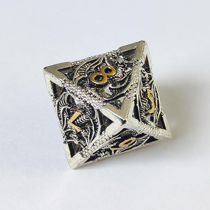 Hollow Dragon Metal Dice,Unique Dungeons and Dragons Polyhedral Dice Set for D&D TRPG,MTG,Pathfinder,Table Board Roll Playing Games D4 D6 D8 D10 D% D12 D20 (Silver)