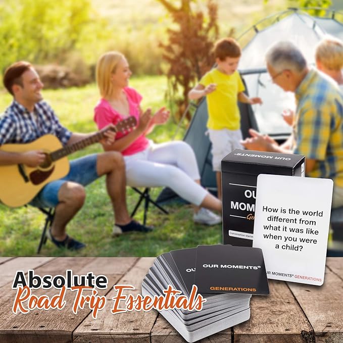 OUR MOMENTS Generations Game: 100 Conversation Starters for Grandparents & Grandchildren, Portable Cardstock Tabletop Game for Family Dinner, Car, Camping, Road Trip