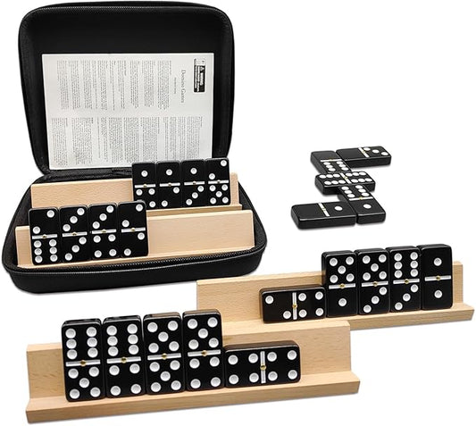 Dominoes Set for Adults with 4 Wooden Racks/Trays, Double Six Dominoes Travel Set with Portable Case Double 6 Dominoes Set with 4 Tiles Holders, 28 Tiles Dominos Set for Family Board Games - Black