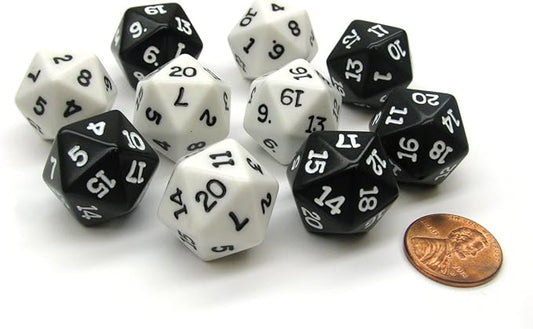Koplow Games Set of 10 D20 19mm Inverse Dice - 5 Each of Black and White
