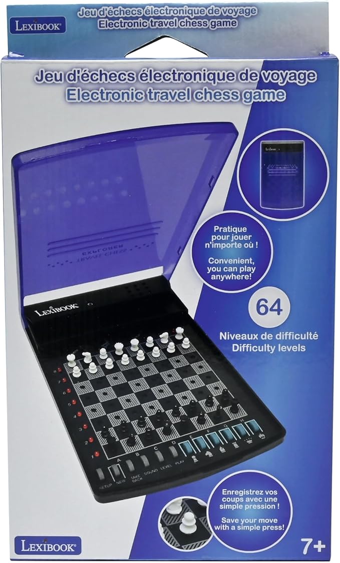 LEXiBOOK, Electronic Travel Chess Set, 32 Pieces, 64 Difficulty Levels, 1 to 2 Players, Strategy Game, Family Board Game, LCG500