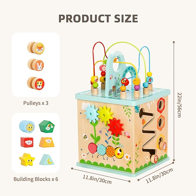 All-in-one Activity Center, 5 in 1 Baby Activity Table with Gear Game, Kids Sensory Table Play Cube with Montessori Calendar, Bead Maze, Shape Sorter, Ball Drop and More