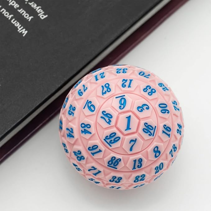 100 Sided Polyhedral Dice, Single D100 Game Dice, 100 Sided Cube with Black Pouch, D100 die 48 mm (Pink with Blue Number)