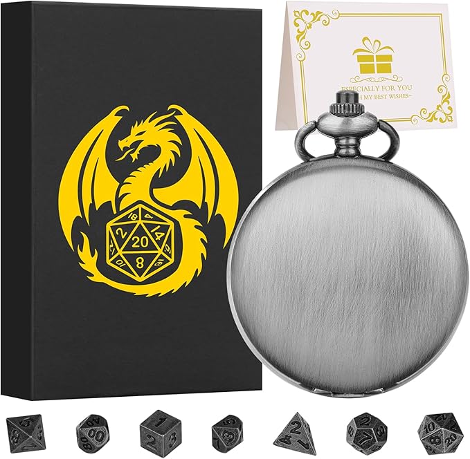 Mini DND Dice Set with Smooth Pocket Watch Shell Case, 7pcs Polyhedral Metal D&D Dice Accessories, DND Gifts with Box for Player, Role Playing Board Games Accessories, DND Gifts, Dark Silver