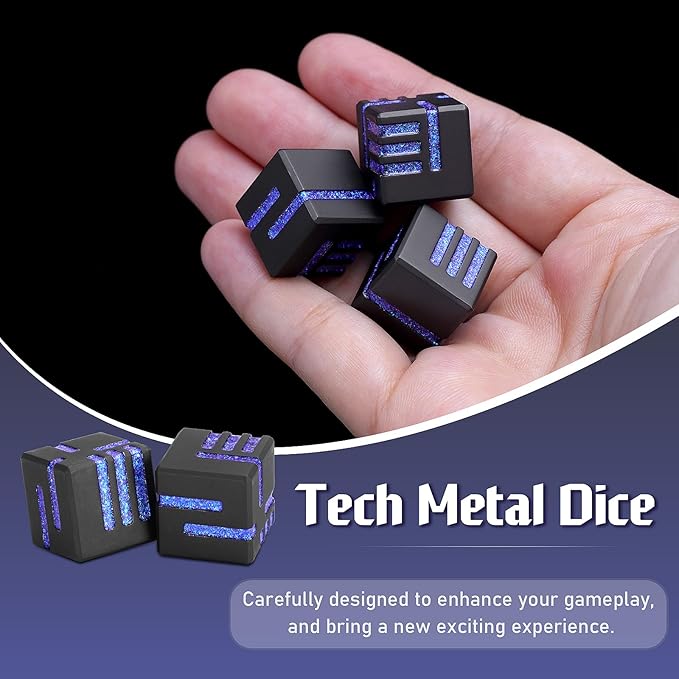 D6 Metal Dice, 16mm 6 Sided Dice Set, ZHOORQI 6Pcs/Set Tech-Themed New Concept Glittery Lines D6 Dice for DND, Tabletop RPGs Gifts（D6-Glitter Blue）