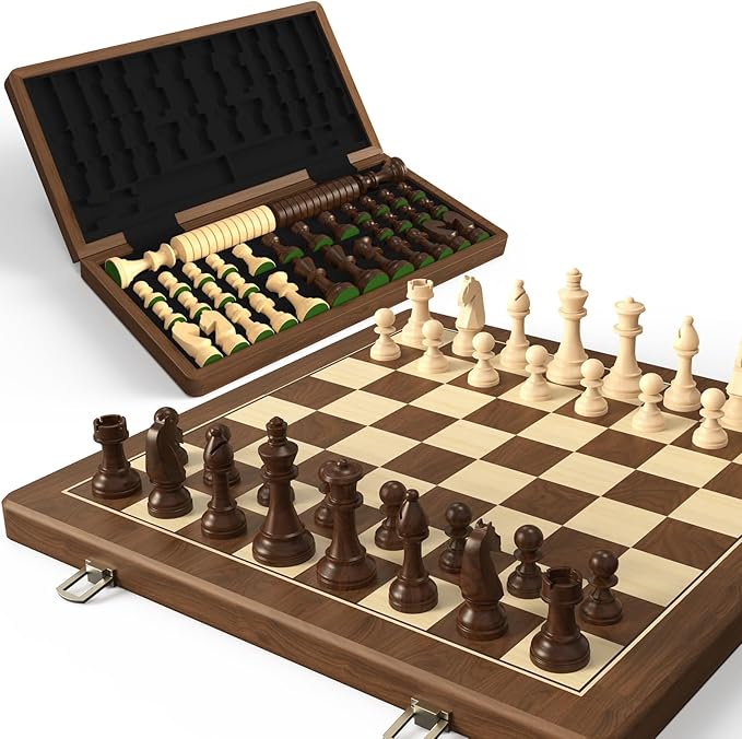 Premium Natural Walnut 15" Magnetic Wooden Folding Chess & Checkers Set- 2 in 1 Board Game with 3" King Staunton Pieces and 2 Extra Queens, Checkers, and Dust-Proof Storage Bag (Black)
